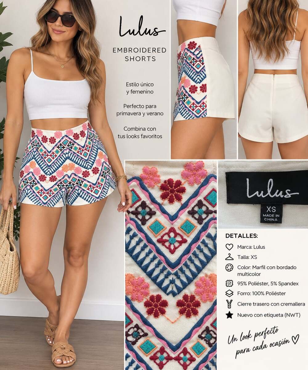 Lulus Embroidered Shorts Size XS Ivory Multicolor Bohemian